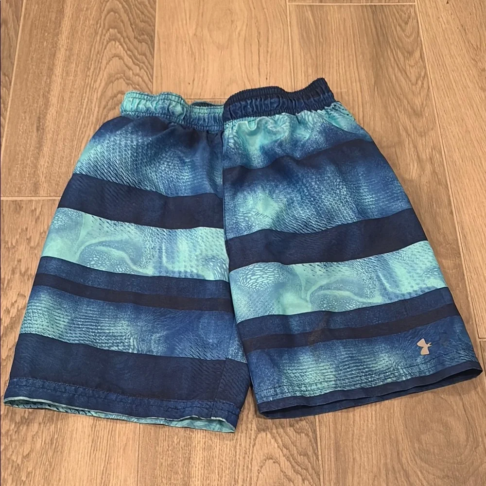 Under Armour Boys Blue Striped Swim Trunks Size 5
